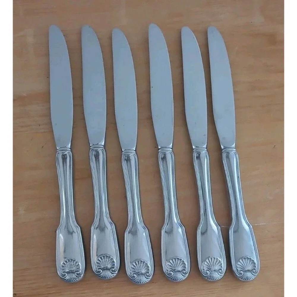 Reed & Barton COLONIAL SHELL Stainless Glossy Dinner Knives Flatware Lot Of 6